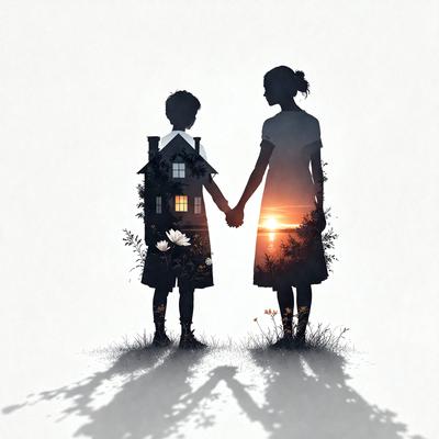 The primary subject of the image is a young boy and a young girl standing next to each other, holding hands. They are positioned in front of a house, which serves as the setting and background of the scene. The visual style of the image is a combination of photo and digital art, creating a unique and artistic representation of the children. The colors and mood of the image are warm and inviting, with the sun shining on the children, creating a sense of happiness and togetherness.